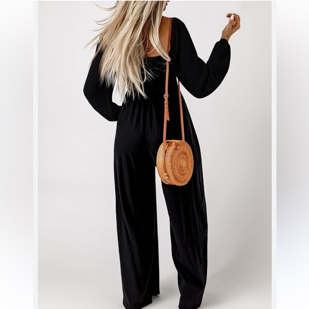 One Piece Long Sleeve Wide Leg Long Pant Jumpsuit Pant Romper With Pockets - Picture 2 of 6